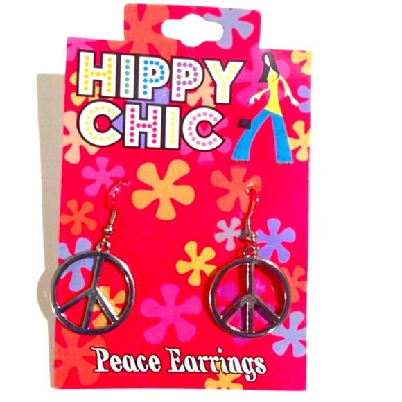 Hippy Chic Silver Tone Peace Symbol Drop Earrings - Women's Fashion Jewelry - Picture 1 of 6
